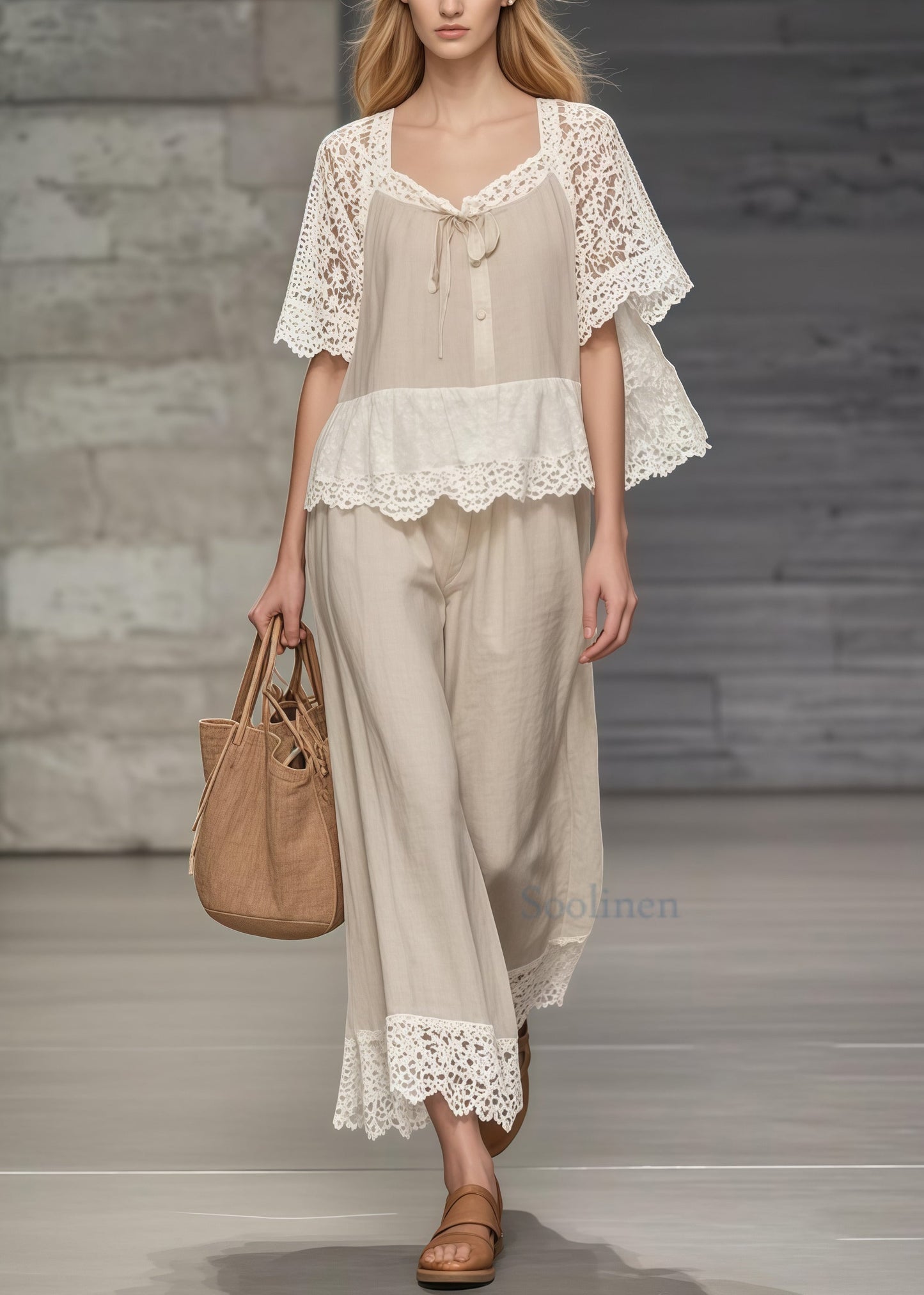 Fine Khaki Square Collar Lace Patchwork Hollow Out Two Pieces Set Summer