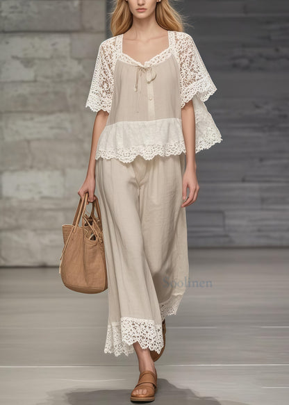 Fine Khaki Square Collar Lace Patchwork Hollow Out Two Pieces Set Summer