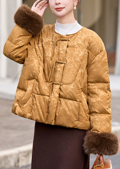 Chaquetas acolchadas de plumón de pato jacquard con borlas de color caqui fino para invierno