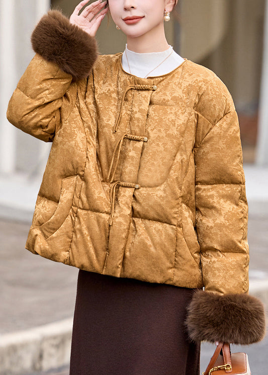 Chaquetas acolchadas de plumón de pato jacquard con borlas de color caqui fino para invierno
