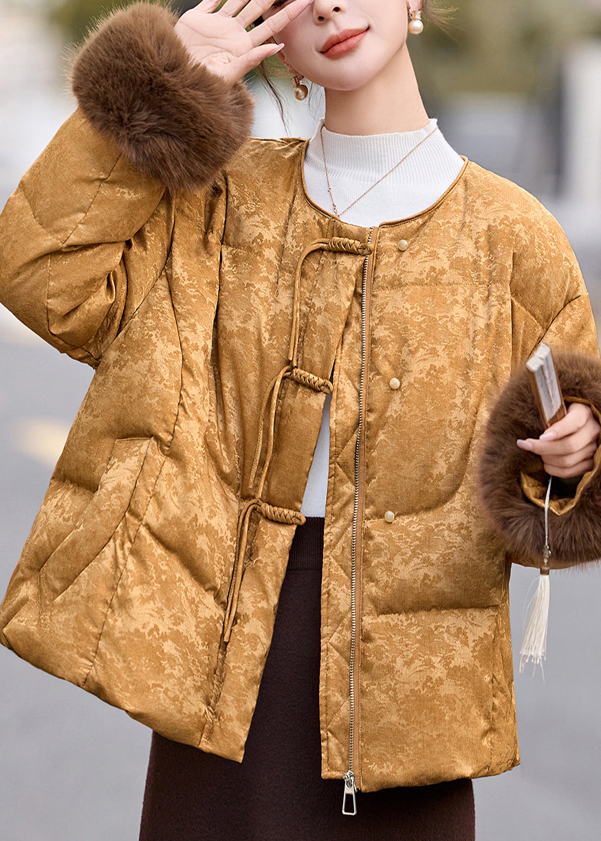 Chaquetas acolchadas de plumón de pato jacquard con borlas de color caqui fino para invierno