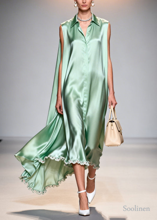 Fine Lake Green Peter Pan Collar Patchwork Lace Silk Maxi Dresses Sleeveless