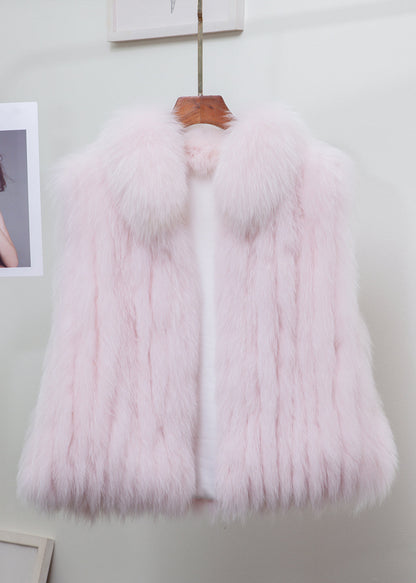 Feine hellblaue Weste mit Stehkragen aus massivem Leder und Pelz, ärmellos