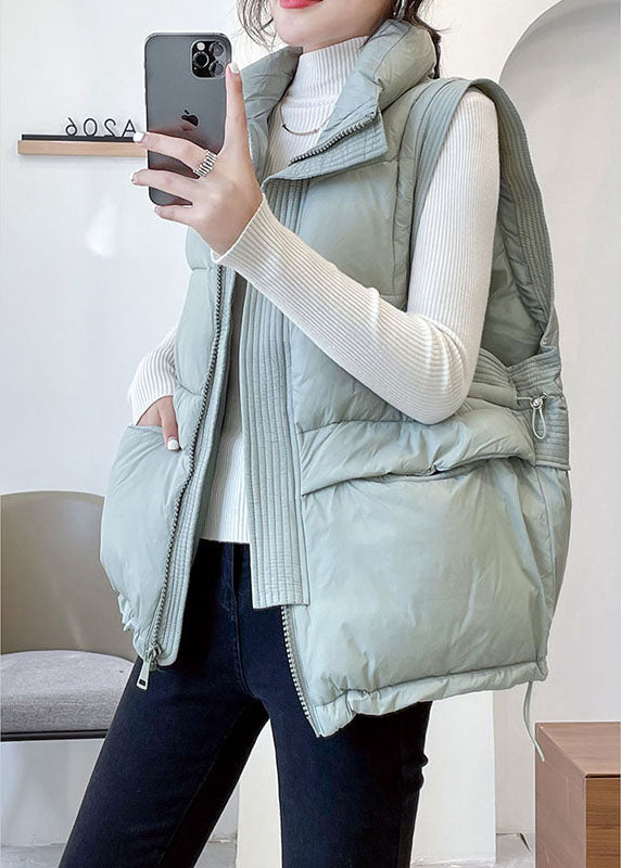Feine hellblaue ärmellose Winter-Daunenweste mit Stehkragen und Reißverschluss