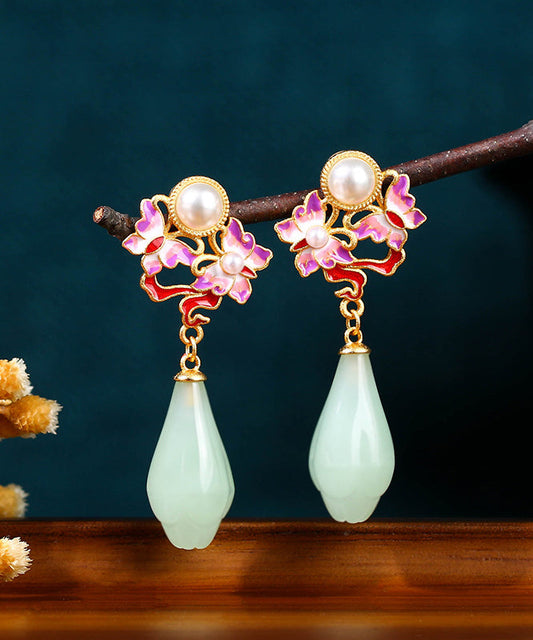 Pendientes colgantes con diseño floral de mariposa de jade y perla dorada de cobre verde claro