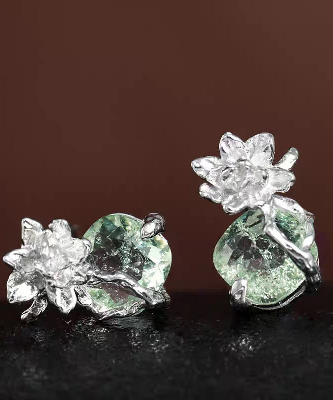 Pendientes de plata de ley con circonitas y flor de hielo de color verde claro