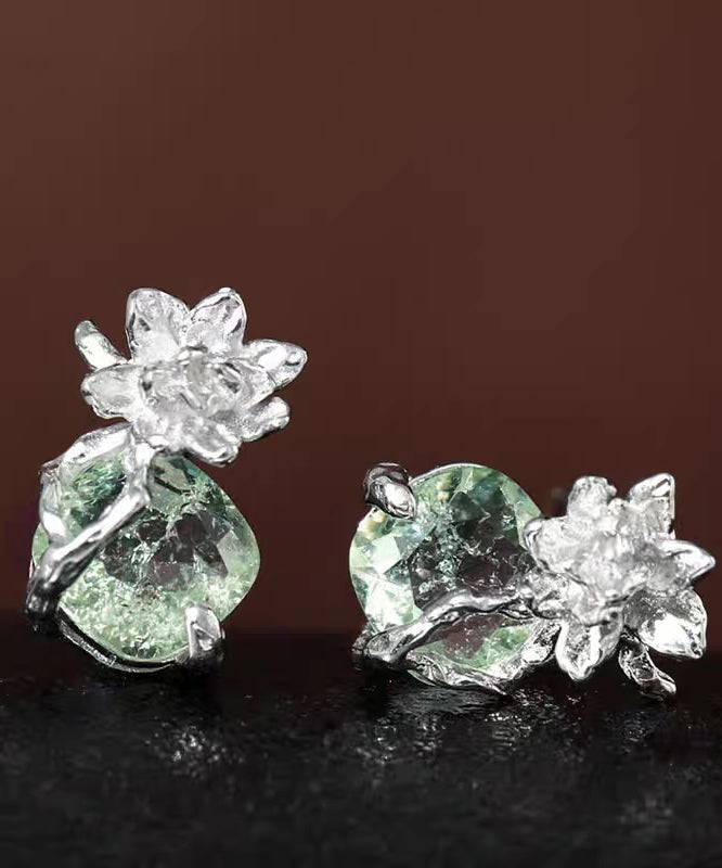 Pendientes de plata de ley con circonitas y flor de hielo de color verde claro