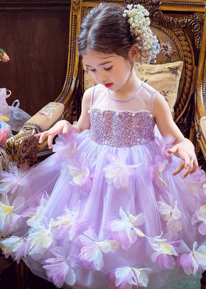 Fine Light Purple Floral Sequins Nail Bead Tulle Girls Maxi Dress Summer