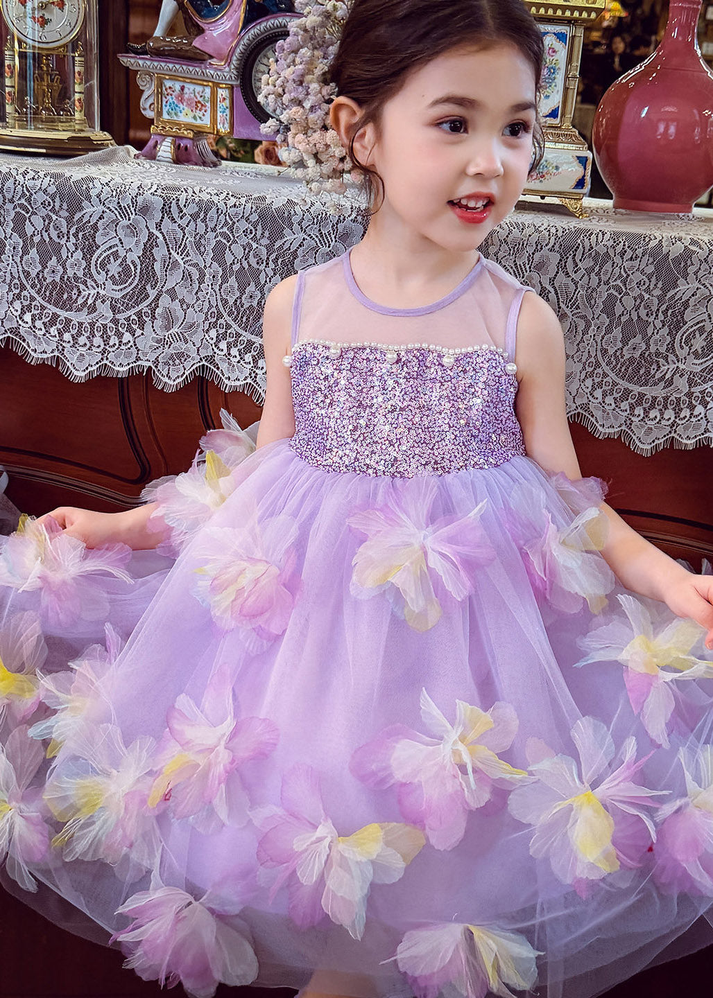 Fine Light Purple Floral Sequins Nail Bead Tulle Girls Maxi Dress Summer