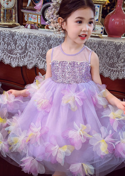 Fine Light Purple Floral Sequins Nail Bead Tulle Girls Maxi Dress Summer