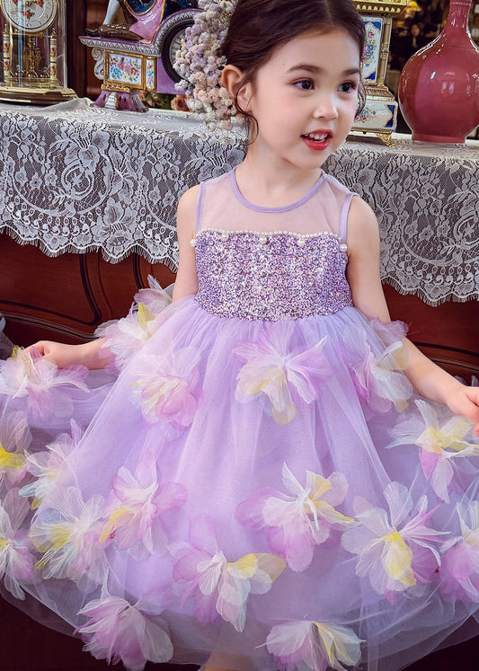 Fine Light Purple Floral Sequins Nail Bead Tulle Girls Maxi Dress Summer