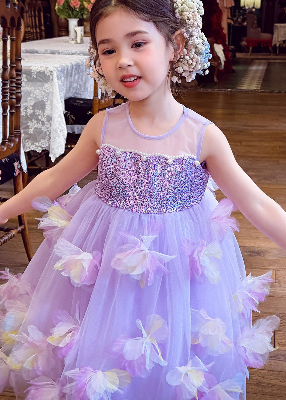 Fine Light Purple Floral Sequins Nail Bead Tulle Girls Maxi Dress Summer