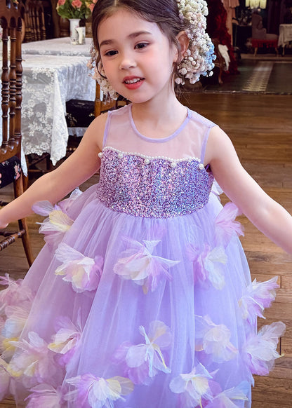 Fine Light Purple Floral Sequins Nail Bead Tulle Girls Maxi Dress Summer