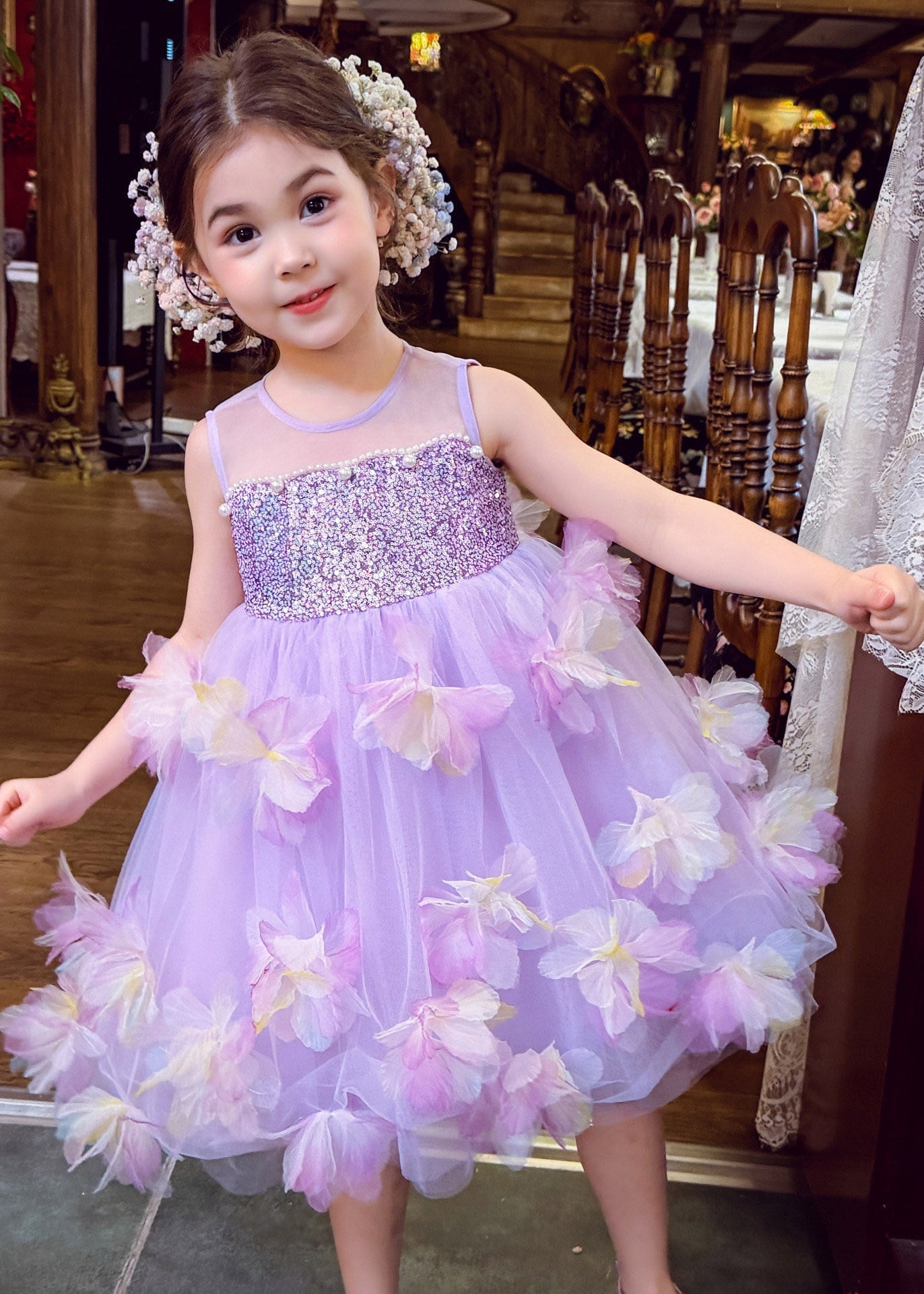 Fine Light Purple Floral Sequins Nail Bead Tulle Girls Maxi Dress Summer