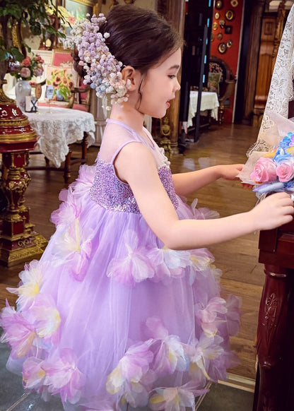 Fine Light Purple Floral Sequins Nail Bead Tulle Girls Maxi Dress Summer