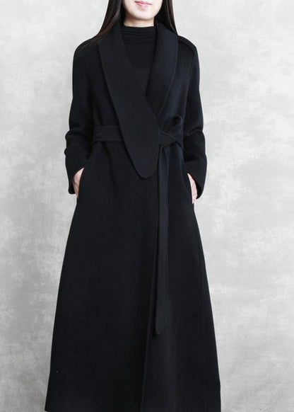 Fine Loose fitting maxi coat woolen outwear black tie waist pockets overcoat - SooLinen