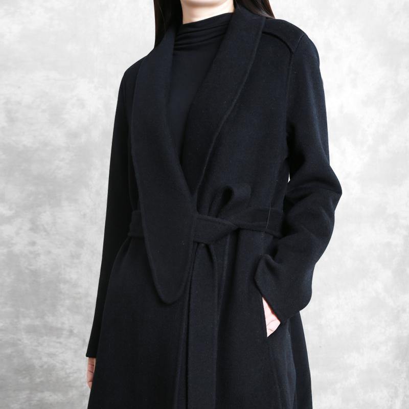 Fine Loose fitting maxi coat woolen outwear black tie waist pockets overcoat - SooLinen