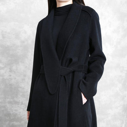 Fine Loose fitting maxi coat woolen outwear black tie waist pockets overcoat - SooLinen