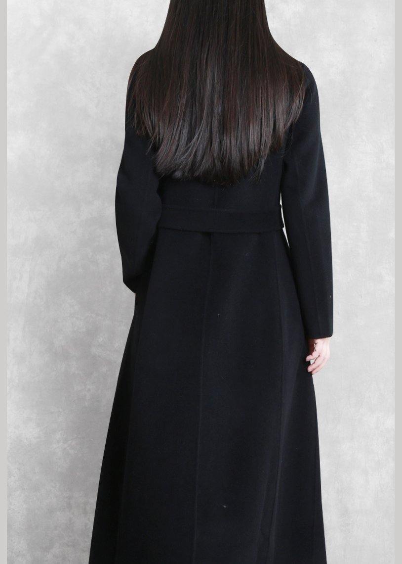 Fine Loose fitting maxi coat woolen outwear black tie waist pockets overcoat - SooLinen