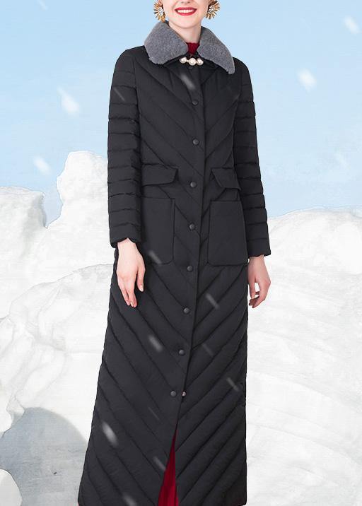 Fine Loose fitting snow jackets rabbit wool collar overcoat black big pockets down jacket woman - SooLinen