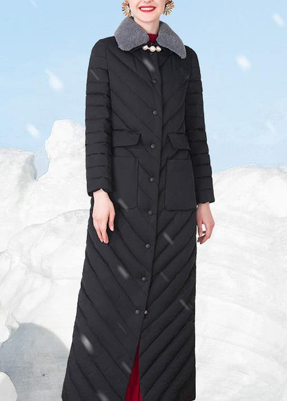 Fine Loose fitting snow jackets rabbit wool collar overcoat black big pockets down jacket woman - SooLinen