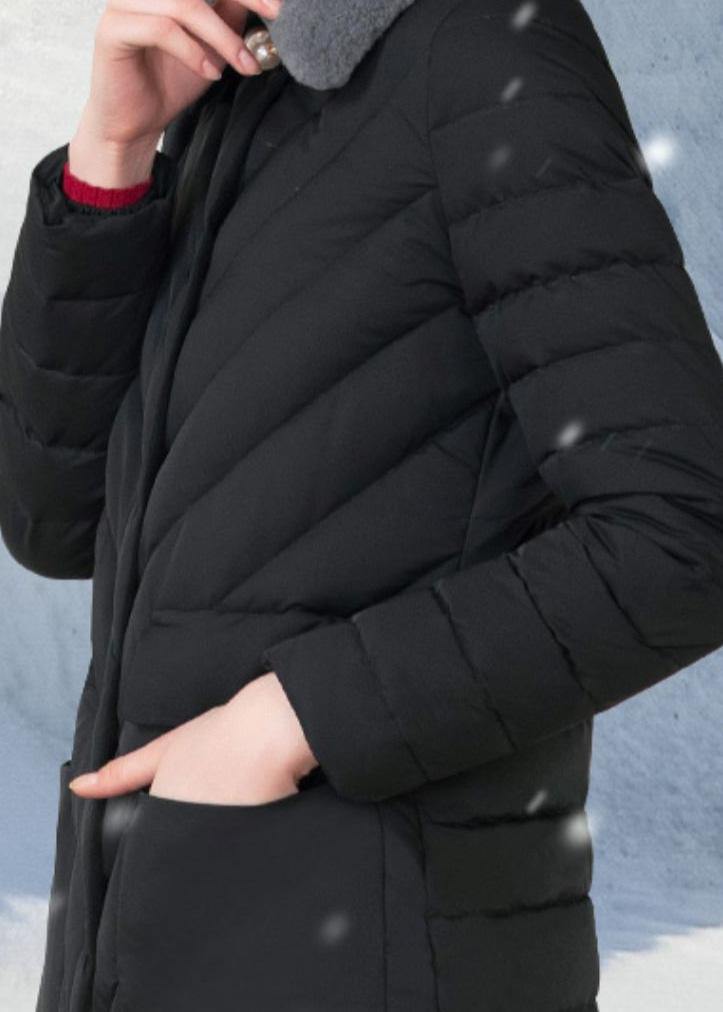 Fine Loose fitting snow jackets rabbit wool collar overcoat black big pockets down jacket woman - SooLinen