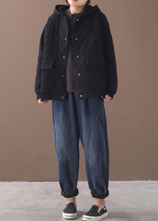 Fine Loose fitting snow jackets short outwear black hooded winter coats - SooLinen