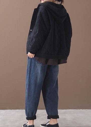 Fine Loose fitting snow jackets short outwear black hooded winter coats - SooLinen