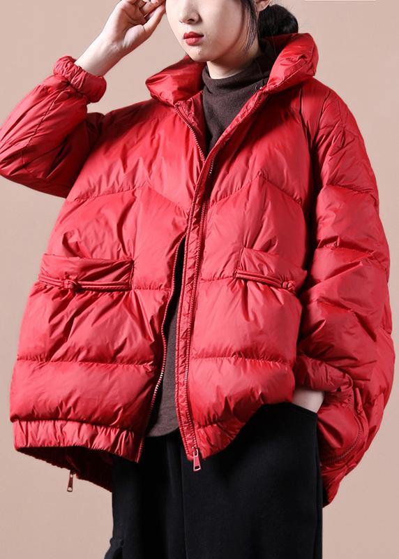 Fine Loose fitting snow jackets zippered Jackets red stand collar goose Down jackets - SooLinen
