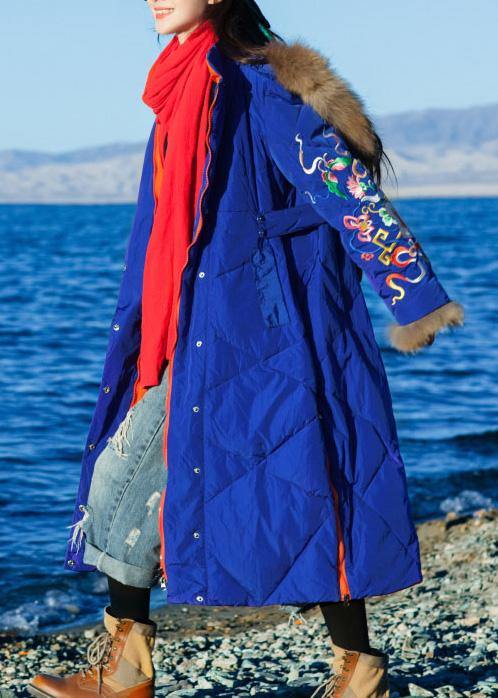 Fine Loose fitting winter jacket hooded Jackets blue side open zippered warm winter coat - SooLinen