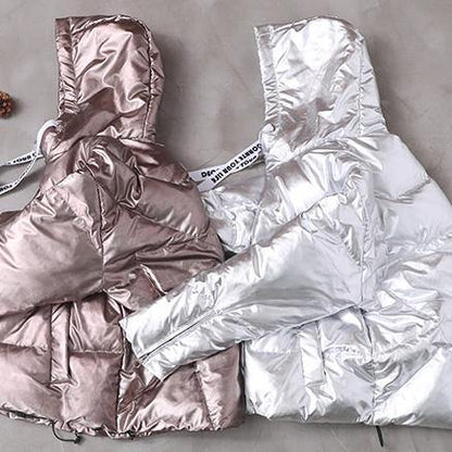 Fine Loose fitting womens overcoat silver white hooded zippered duck down coat - SooLinen