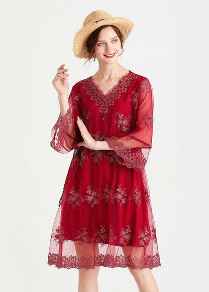 Fine Mulberry V Neck Jacquard Spring Three Quarter Sleeve Dress - SooLinen