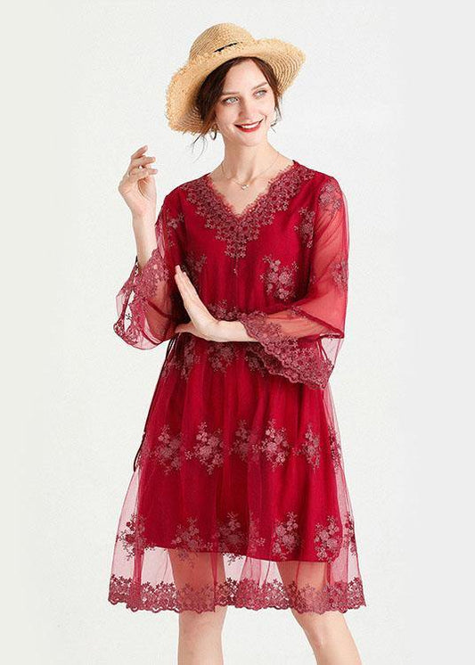 Fine Mulberry V Neck Jacquard Spring Three Quarter Sleeve Dress - SooLinen