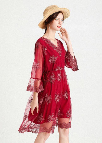 Fine Mulberry V Neck Jacquard Spring Three Quarter Sleeve Dress - SooLinen