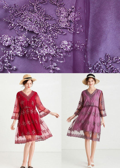 Fine Mulberry V Neck Jacquard Spring Three Quarter Sleeve Dress - SooLinen