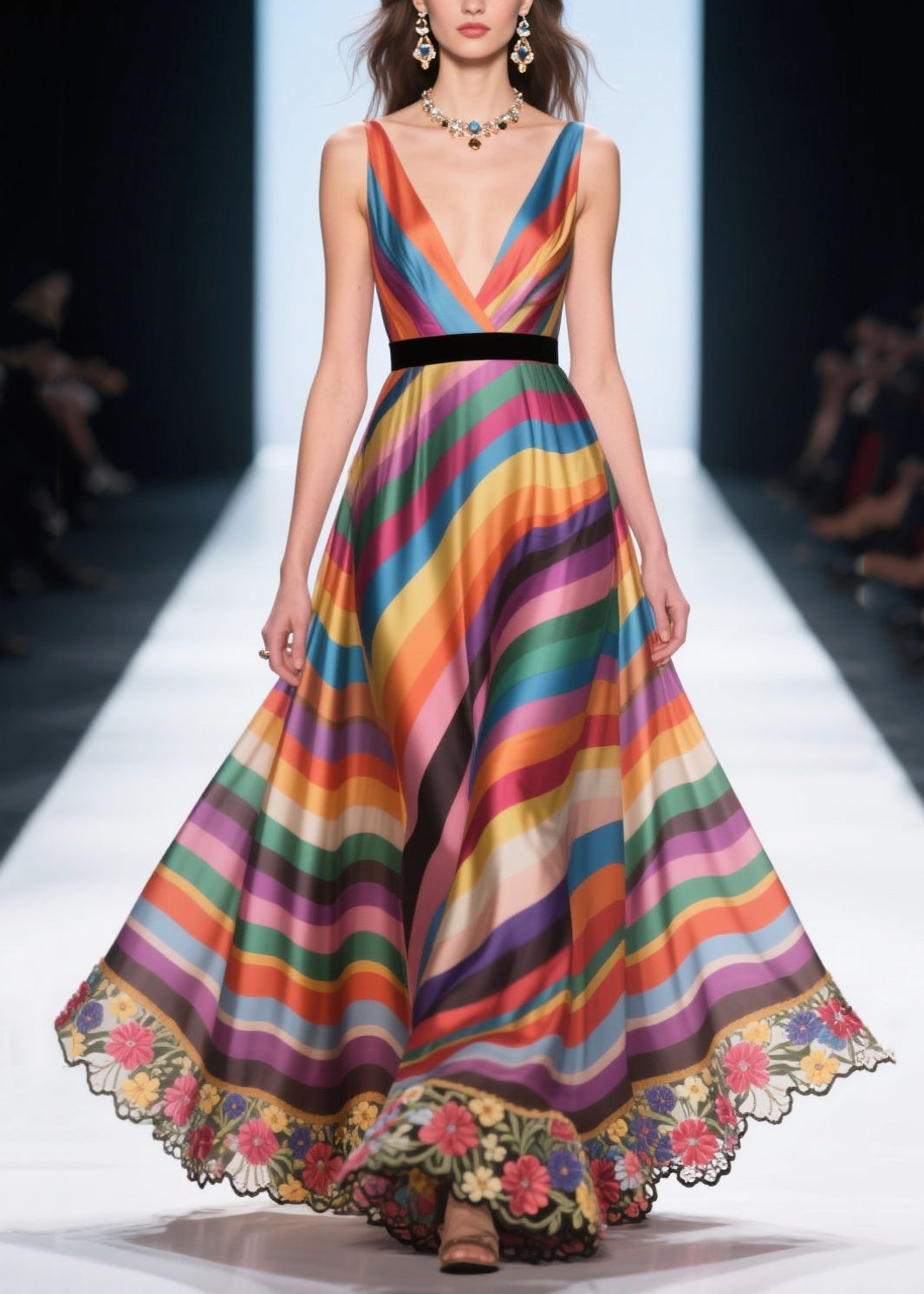 Fine Multicolour Striped Patchwork Flower Lace Silk Evening Dress Summer