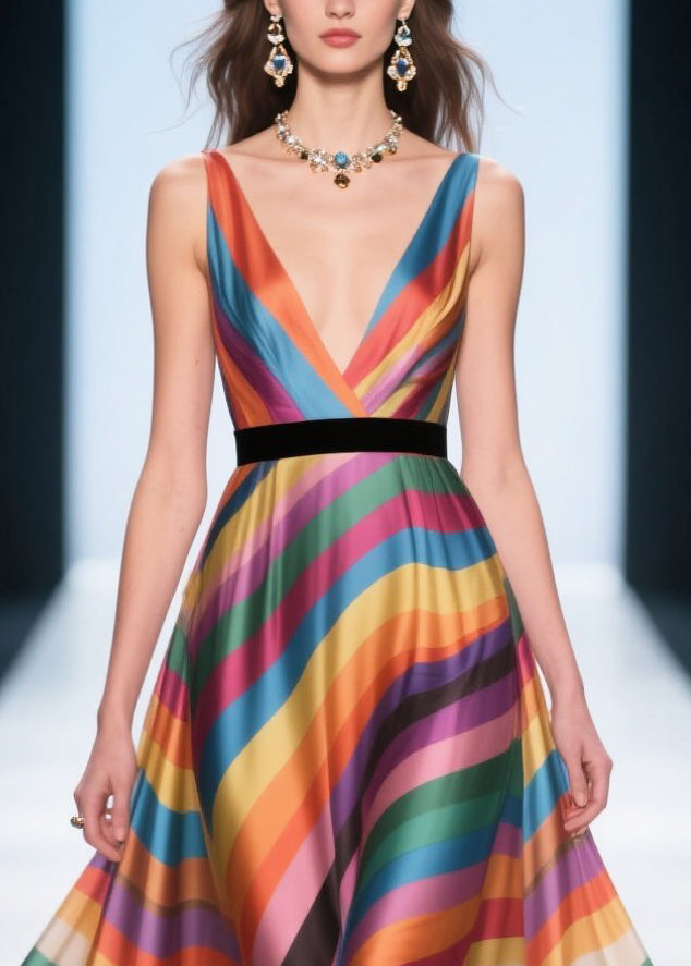 Fine Multicolour Striped Patchwork Flower Lace Silk Evening Dress Summer