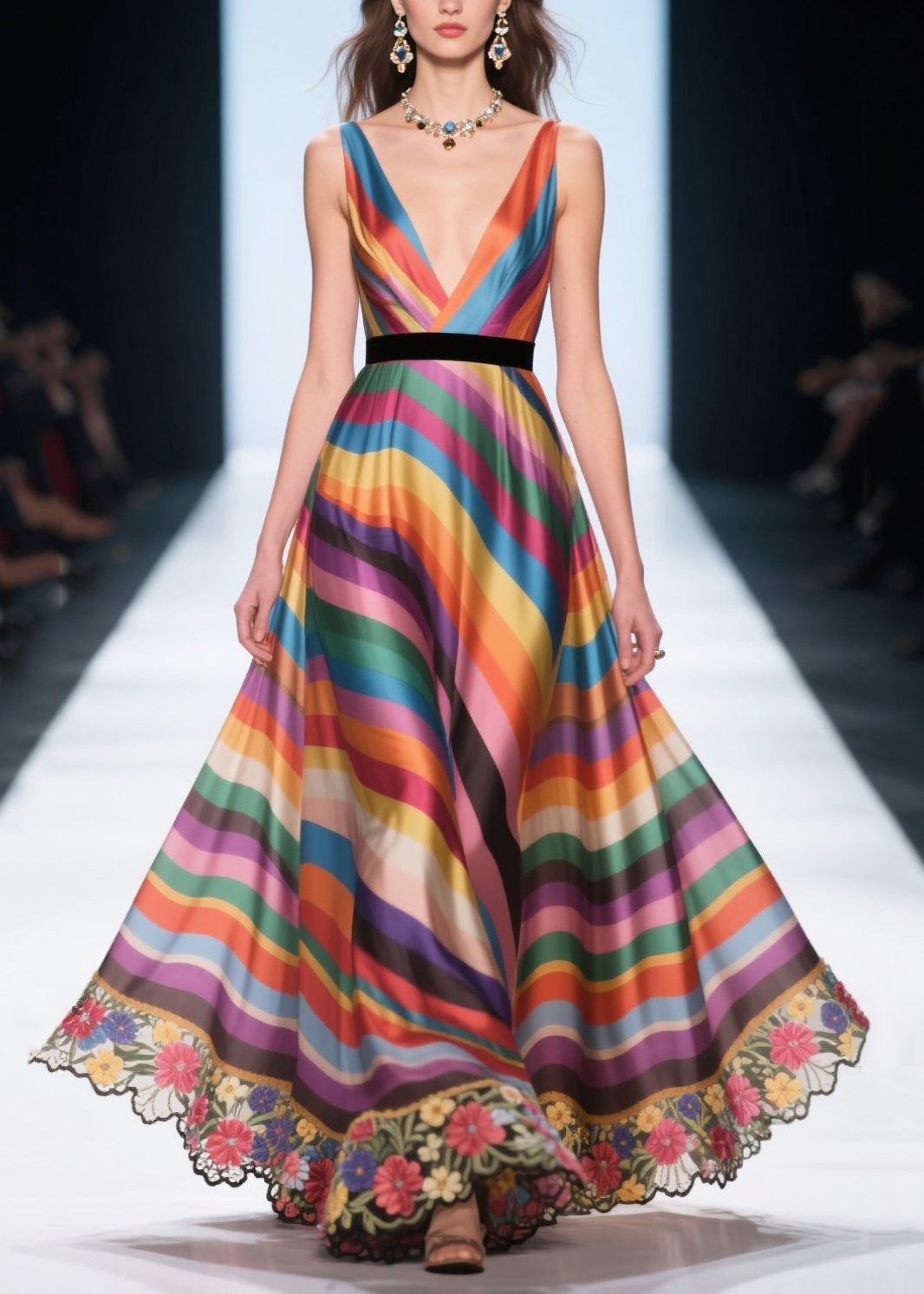 Fine Multicolour Striped Patchwork Flower Lace Silk Evening Dress Summer