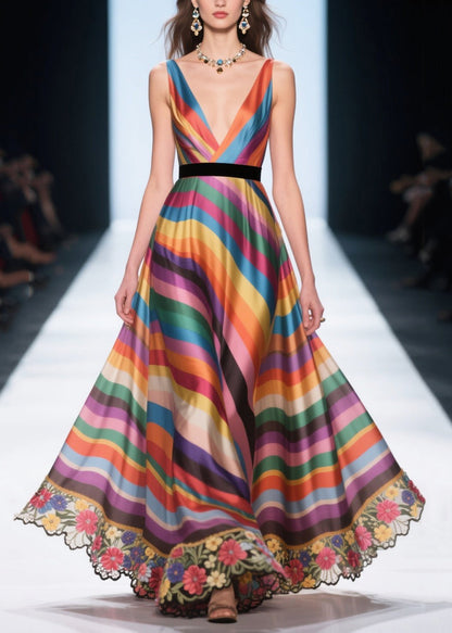 Fine Multicolour Striped Patchwork Flower Lace Silk Evening Dress Summer