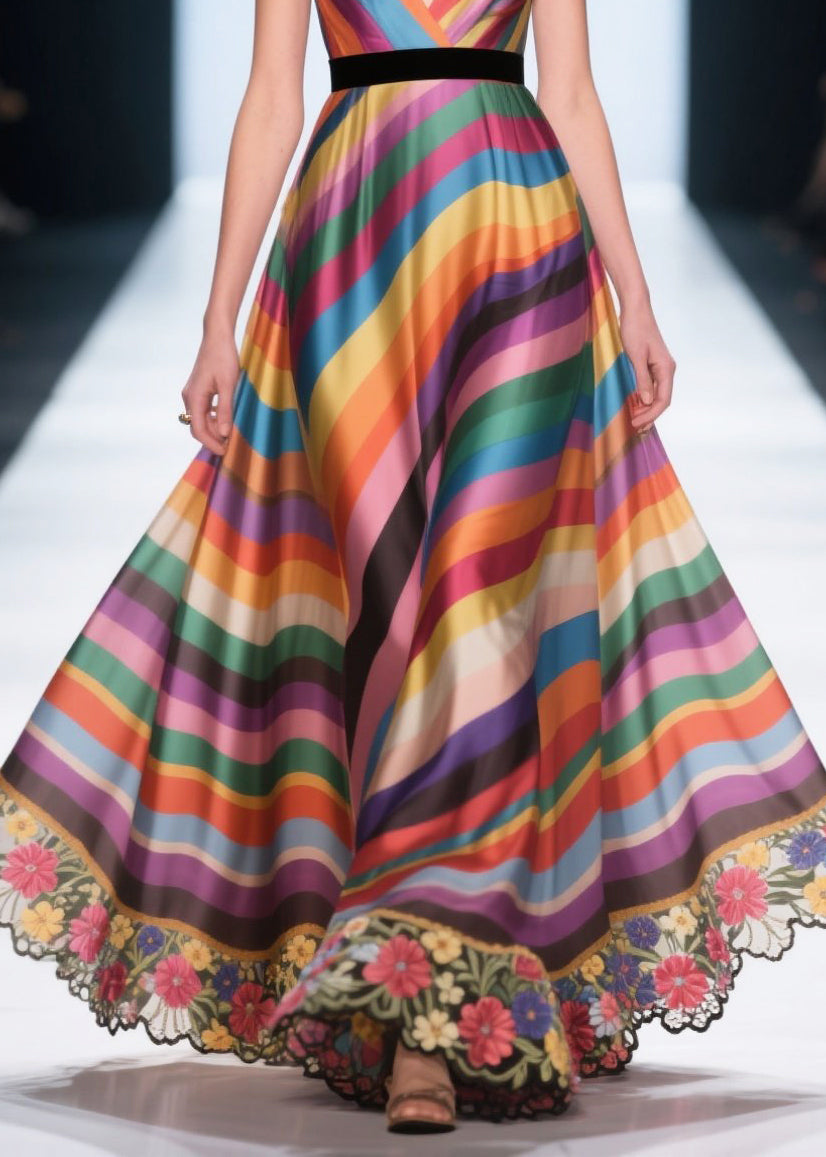 Fine Multicolour Striped Patchwork Flower Lace Silk Evening Dress Summer