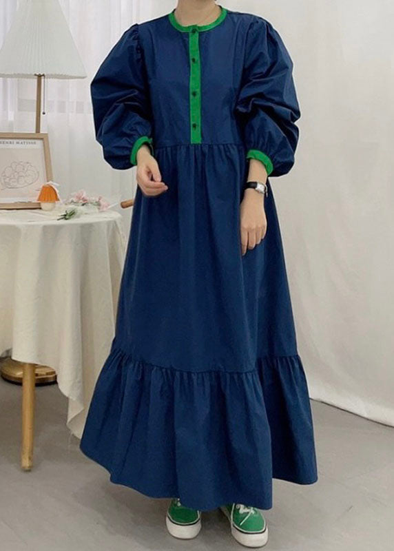 Feines Marineblaues Patchwork-Partykleid aus Baumwolle mit Puffärmeln