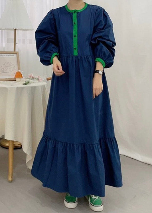 Feines Marineblaues Patchwork-Partykleid aus Baumwolle mit Puffärmeln