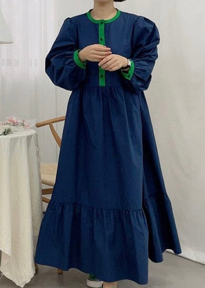 Feines Marineblaues Patchwork-Partykleid aus Baumwolle mit Puffärmeln