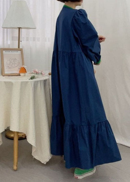 Feines Marineblaues Patchwork-Partykleid aus Baumwolle mit Puffärmeln