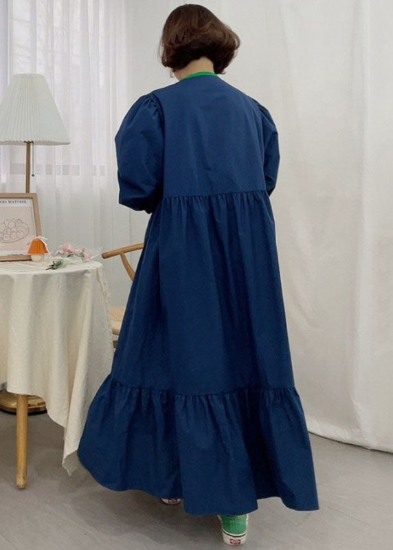 Feines Marineblaues Patchwork-Partykleid aus Baumwolle mit Puffärmeln