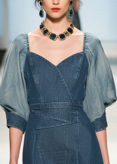 Fine Navy Puff Sleeve Patchwork Denim Work Dress Summer