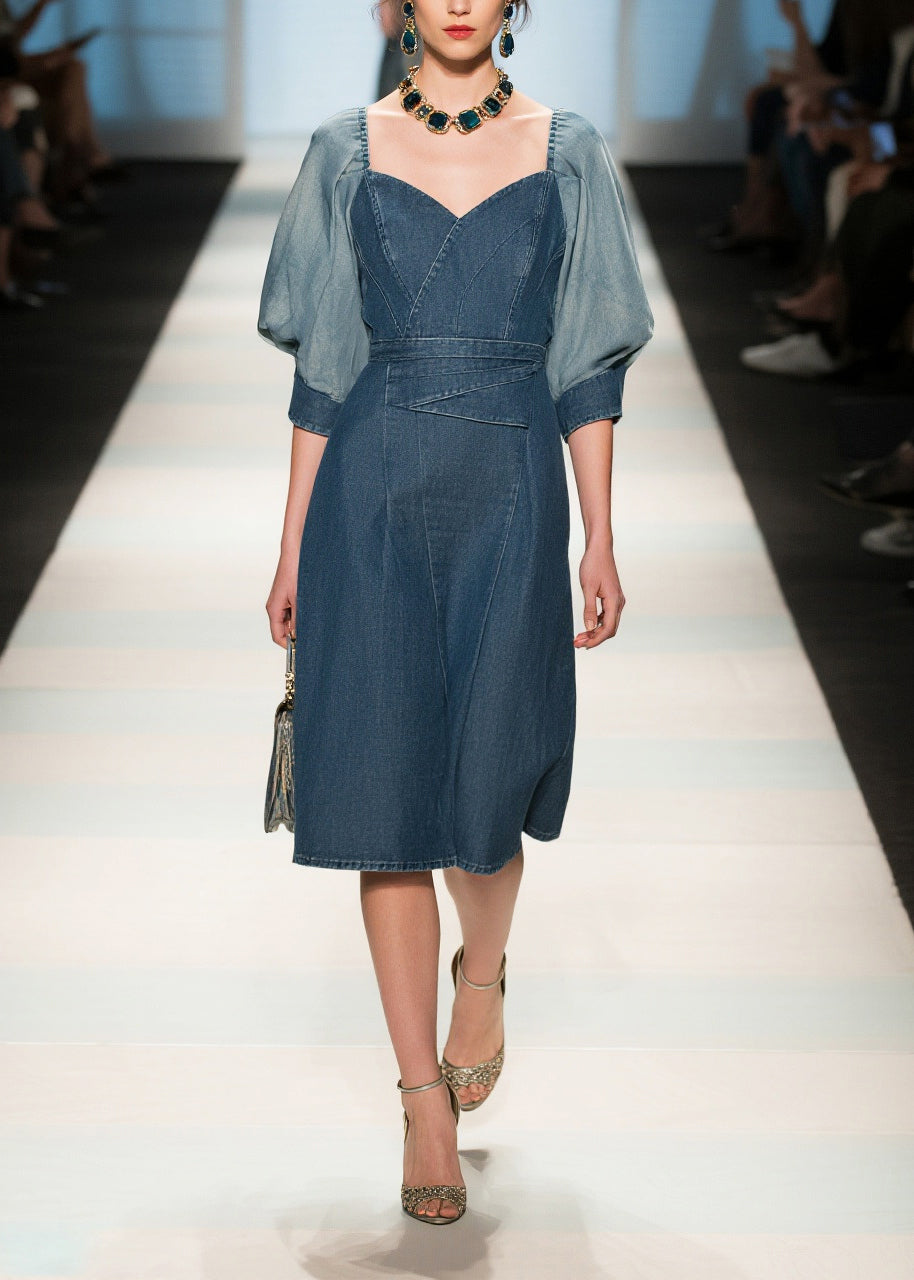 Fine Navy Puff Sleeve Patchwork Denim Work Dress Summer