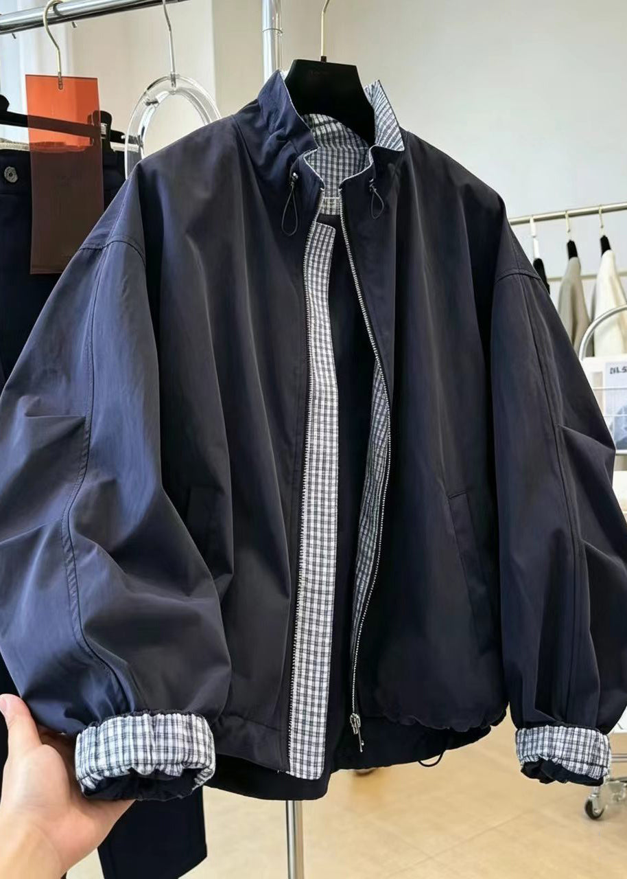 Fine Navy Stand Collar Drawstring Patchwork Plaid Jacket Fall