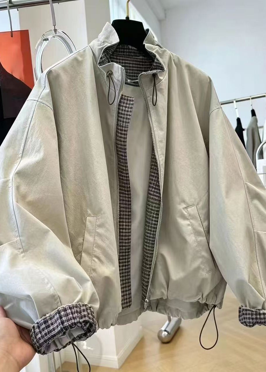 Fine Navy Stand Collar Drawstring Patchwork Plaid Jacket Fall