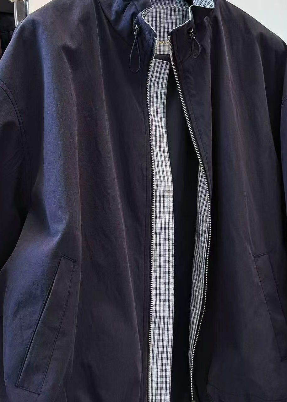 Fine Navy Stand Collar Drawstring Patchwork Plaid Jacket Fall
